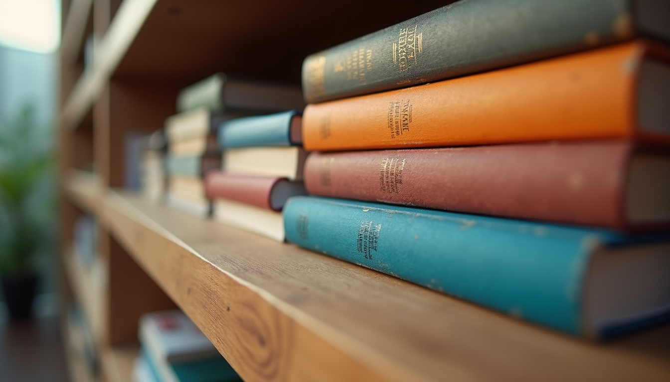 Eye-level view of a stack of colorful books on a wooden shelf