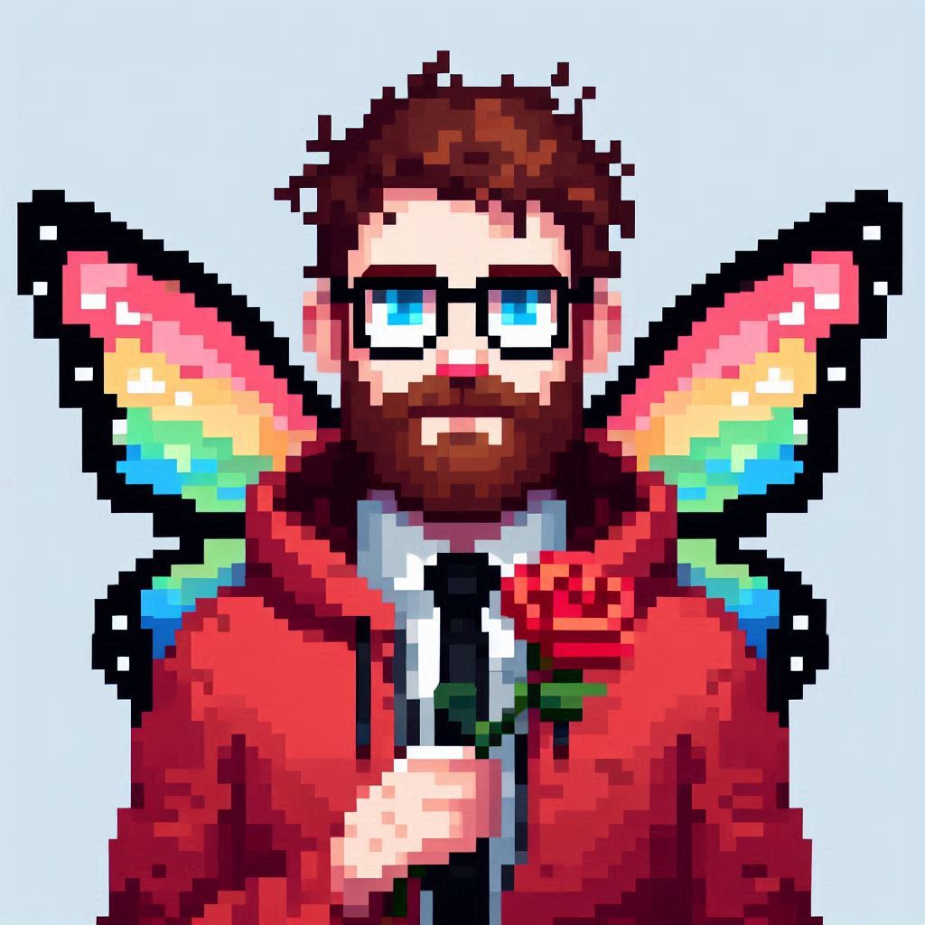 An image of a man in a red hoodie, shirt and tie with butterfly-fairy wings holding a rose. It is one of Rimmey's frequently used avatars.
