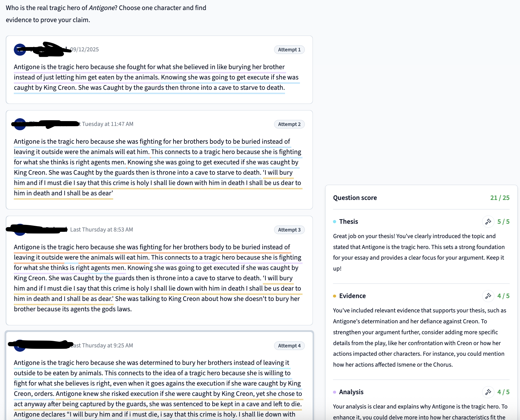 A sample of student work with feedback from Class Companion