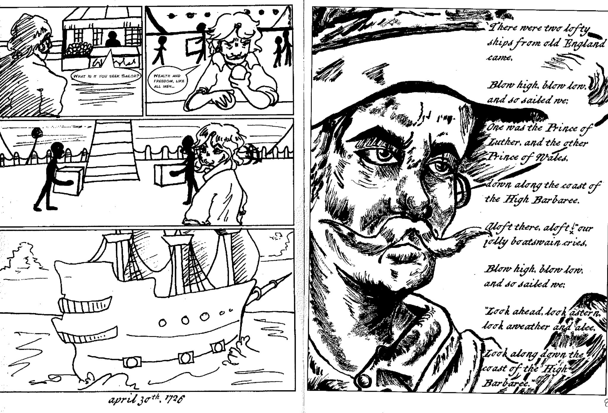 For a world history survey, Sean Hall created a comic that explored mutinies, democracy at sea, and the expansion of mercantile capitalism around the Atlantic Ocean. Sean Hall