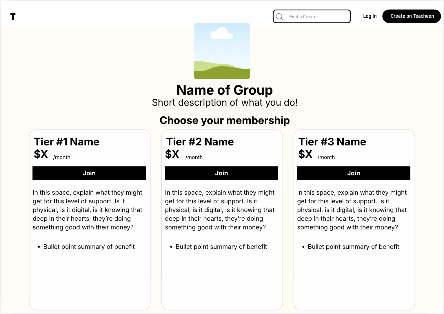 Membership page with three subscription tiers. Each tier includes a customizable name, price, join button, and benefit summary.