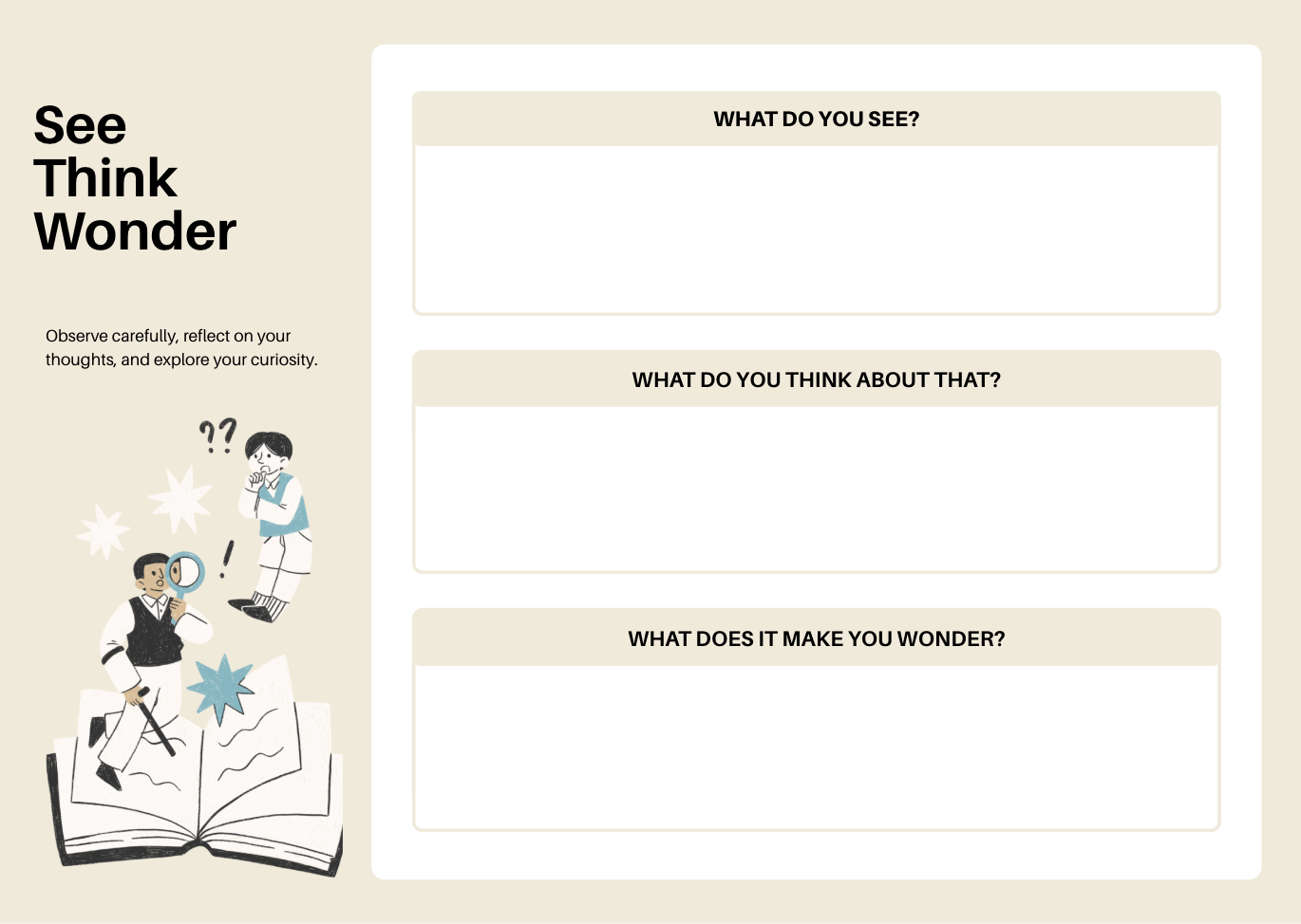 Two figures with magnifying glass and thought bubble on beige background near an open book. Text boxes labeled "See, Think, Wonder."