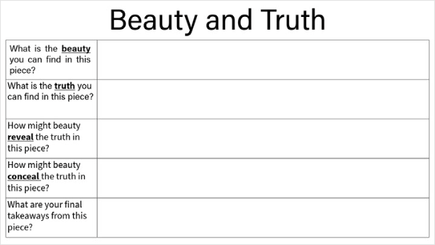 Table titled "Beauty and Truth" with questions about beauty, truth, reveal, conceal, and final takeaways. Rows are mostly blank.