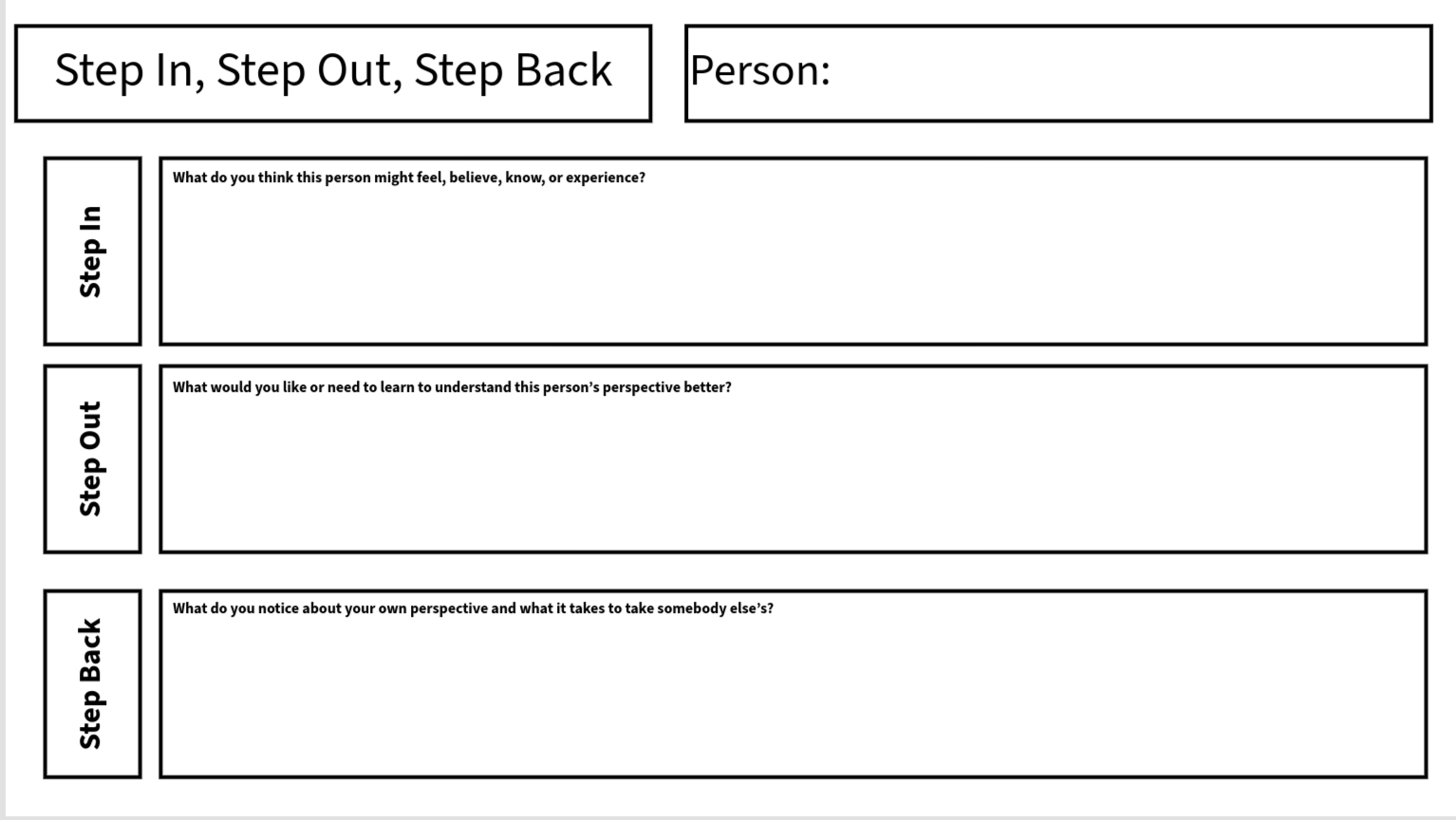 Text-based worksheet titled "Step In, Step Out, Step Back" with empty sections for reflection on understanding perspectives.
