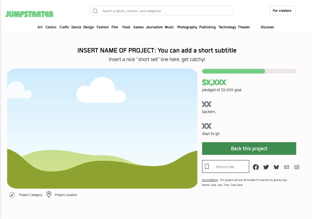 Crowdfunding webpage mockup with green hills, blue sky. Placeholder text for project details, goal, backers, and days left. Green "Back this project" button.