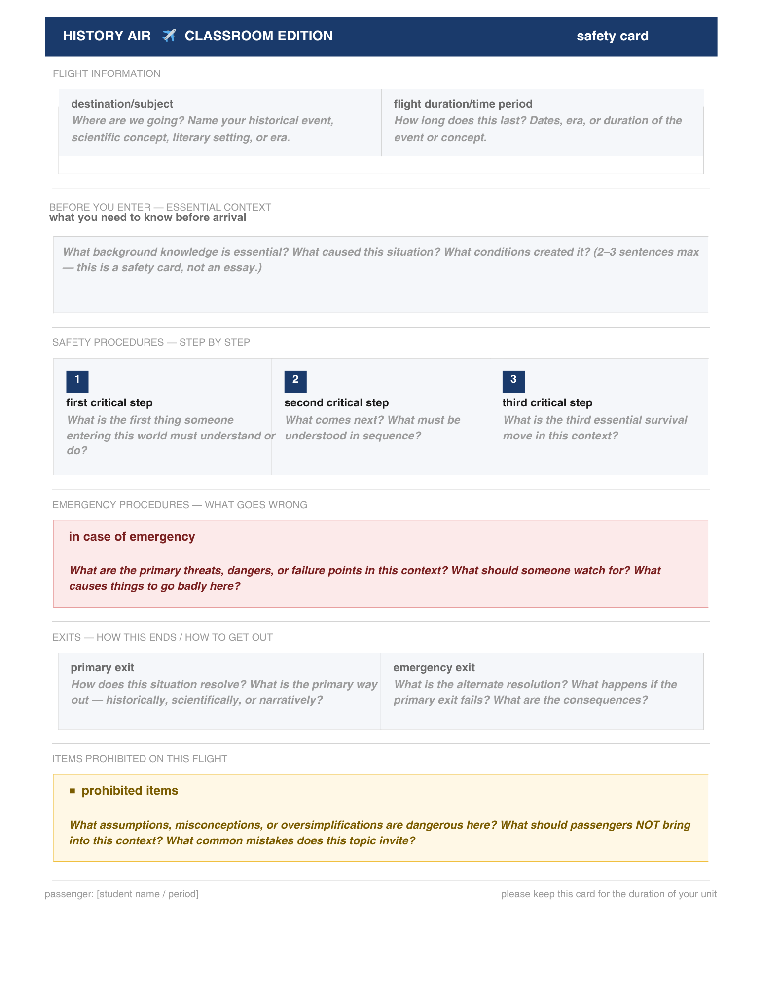 History-themed safety card with sections on flight info, essential context, safety procedures, emergency actions, exits, and prohibited items.