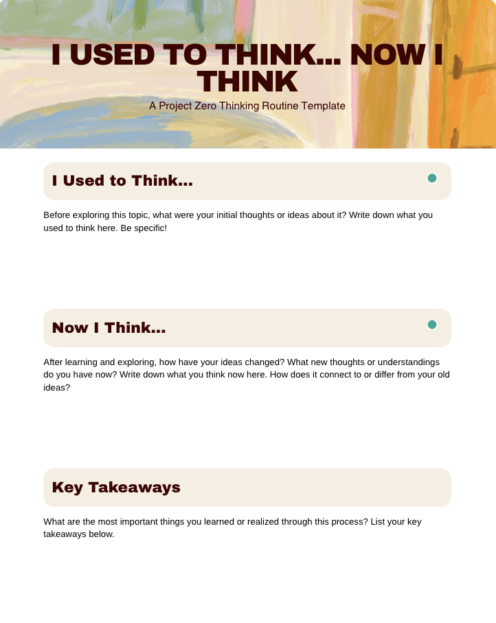 Template with header "I Used to Think… Now I Think." Sections: "I Used to Think…," "Now I Think…," "Key Takeaways." Abstract background.