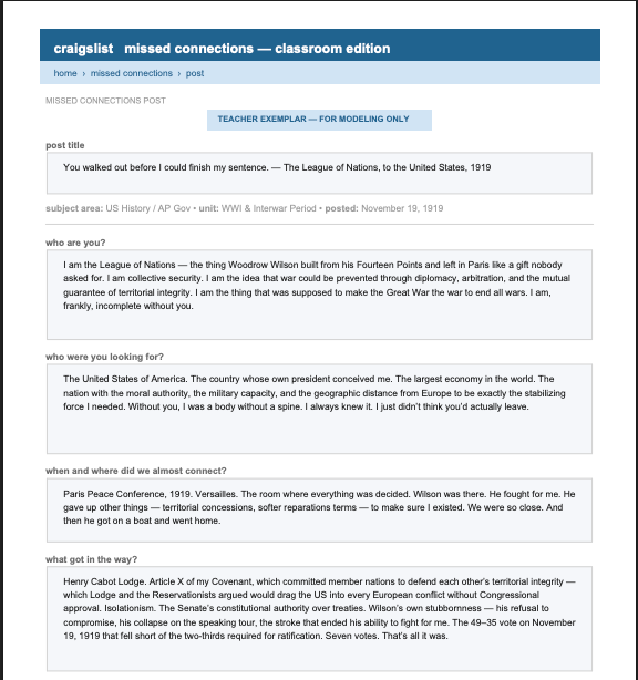 Classroom post styled as Craigslist ad with historical theme. League of Nations seeks US after WWI, mentions Paris Peace Conference. Descriptive text.