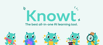 Teal cartoon dragons engaging in creative activities under "Knowt" text. Caption: "The best all-in-one AI learning tool." Playful mood.