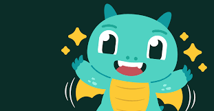 Cute cartoon dragon with blue skin and yellow wings, smiling and waving on a dark background. Yellow stars add a cheerful touch.