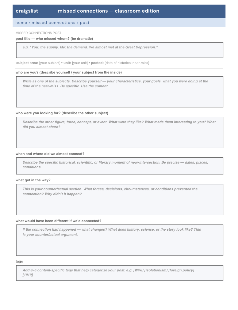 Craigslist-style template for classroom "missed connections" post. Includes sections for title, subject, description, and tags.