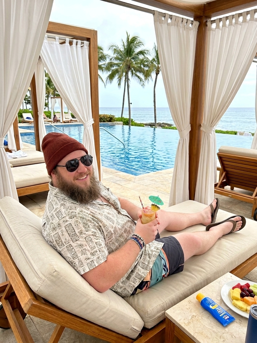 Smiling man in sunglasses and beanie lounges with a tropical drink by an infinity pool overlooking palm trees and the ocean.