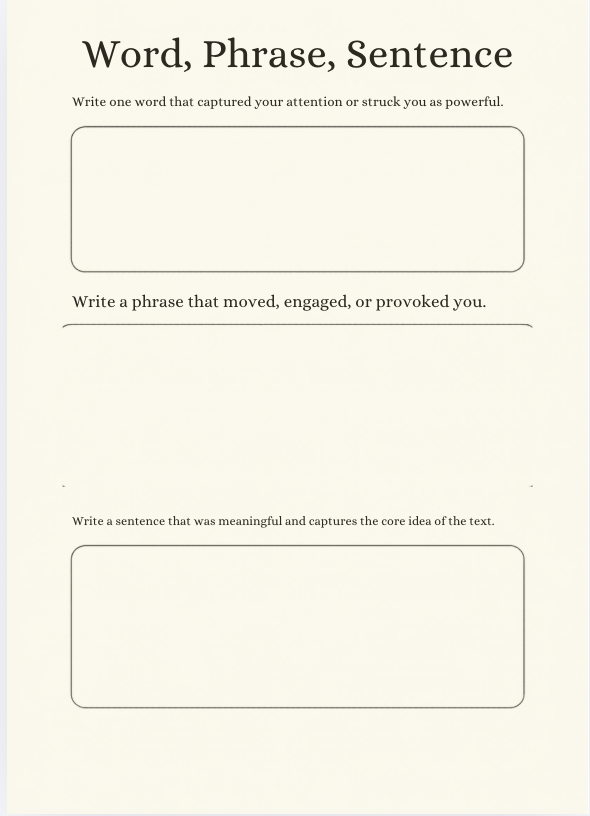 Blank worksheet titled Word, Phrase, Sentence with prompts and empty boxes on a cream background.