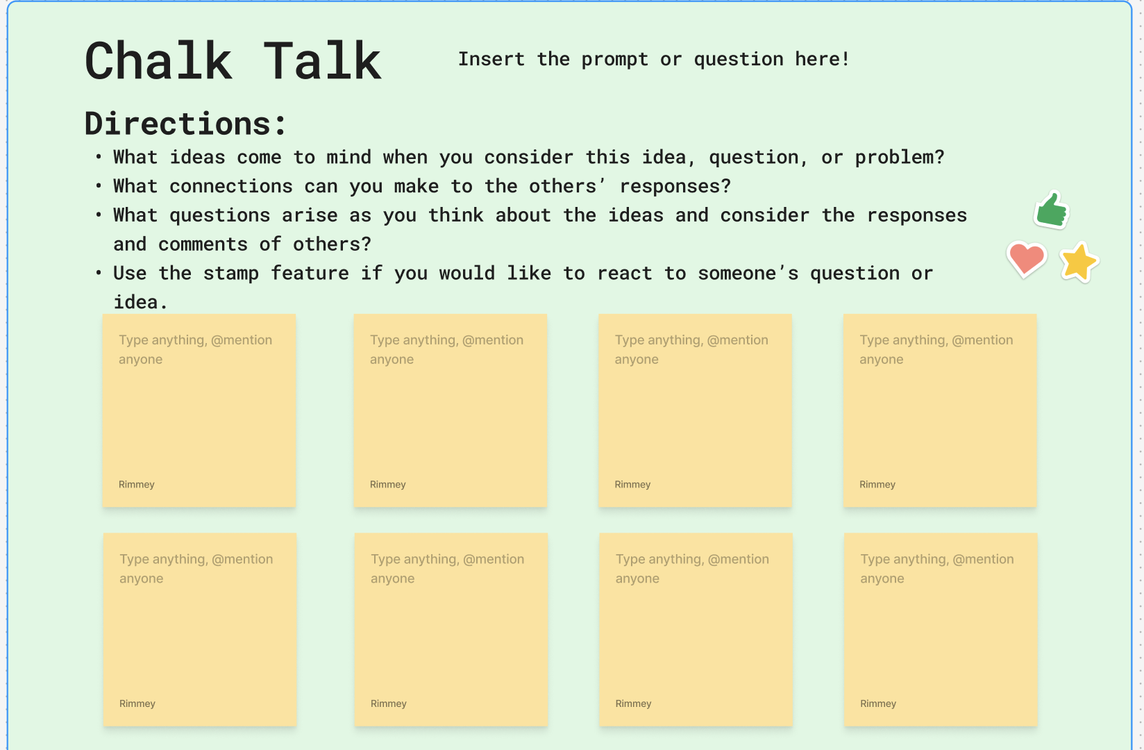Chalk Talk discussion template on pale green background with directions, eight yellow note boxes, and thumbs-up, heart, star stamps