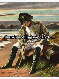 Illustrated soldier in a black hat sits defeated on a rock by the shore, with text: theres nothing we can do...