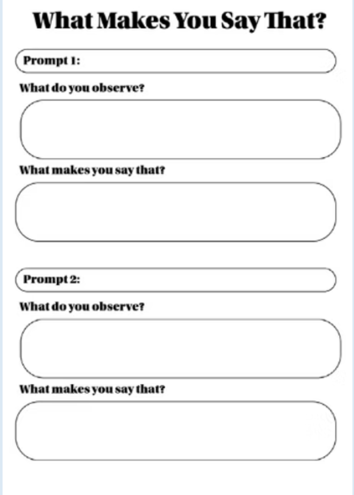 Worksheet titled What Makes You Say That? with blank prompts and boxes for Prompt 1 and 2, asking what you observe and why.