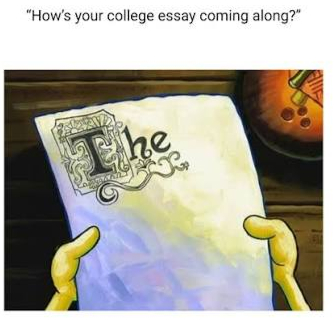 Meme showing hands holding a blank paper titled The, under text How’s your college essay coming along?