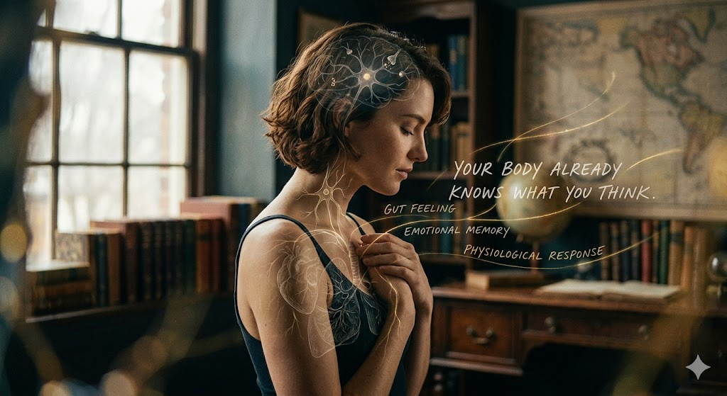 Woman in a study, eyes closed, with glowing brain-body lines; text reads Your body already knows what you think.