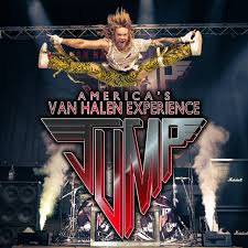 Concert poster of a jumping rocker over the text America’s Van Halen Experience JUMP, with stage lights and smoke.