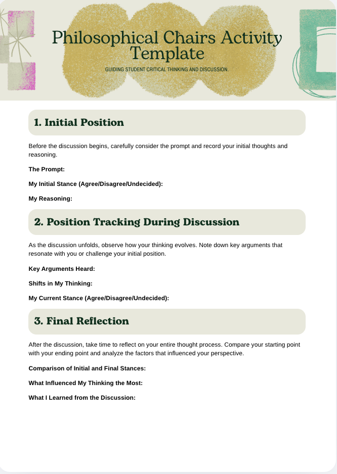 Philosophical Chairs Activity Template worksheet with sections for initial position, discussion tracking, and final reflection.
