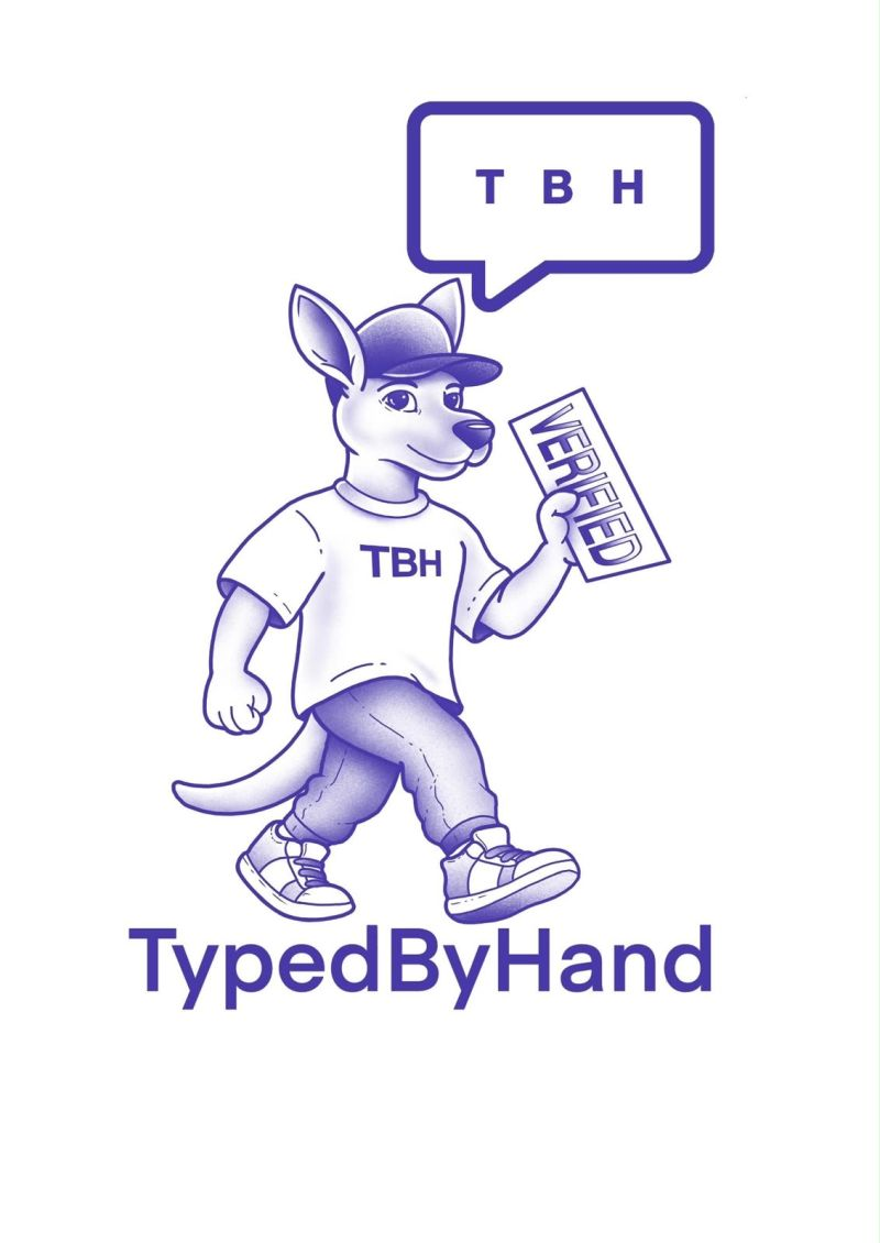 Purple mascot wearing a TBH shirt holds a VERIFIED sign, with a TBH speech bubble and TypedByHand text on a white background.