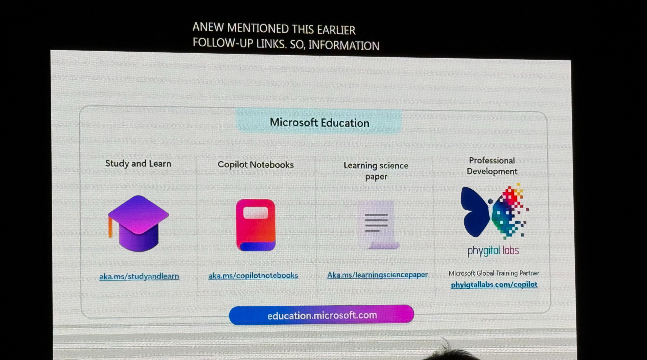 Microsoft Education slide with study, Copilot Notebooks, learning science, and professional development links on a white background.