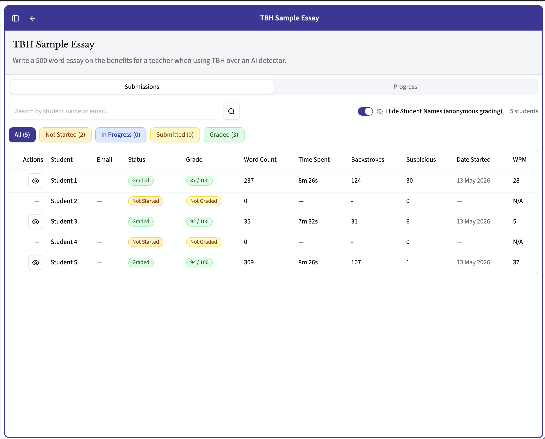 TBH Sample Essay grading dashboard shows 5 student submissions, status filters, search bar, and graded scores in a purple header UI.