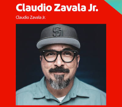 Portrait poster of Claudio Zavala Jr. wearing a cap and glasses, on a red background with his name in bold white text
