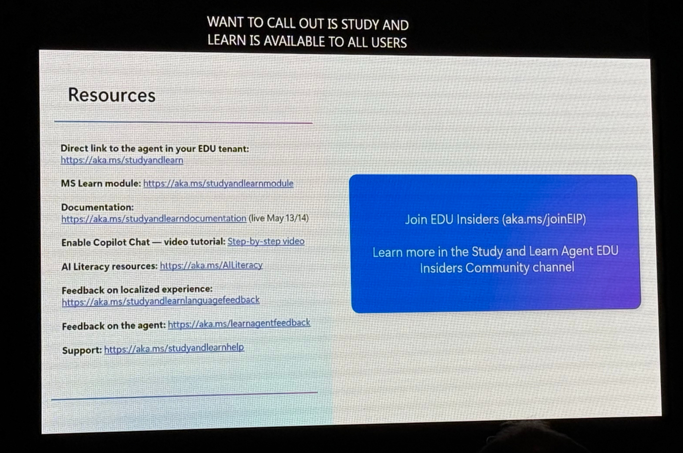 Presentation slide titled Resources with Study and Learn links, blue EDU Insiders box, on a dark screen background