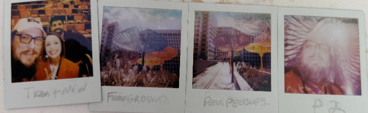 Four Polaroids show a smiling selfie and three outdoor umbrella sculptures by buildings, with handwritten labels.