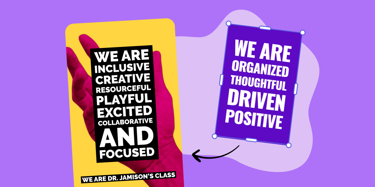 Two colorful class poster mockups on a purple background, one held by a hand, with text about being inclusive, organized, and positive.