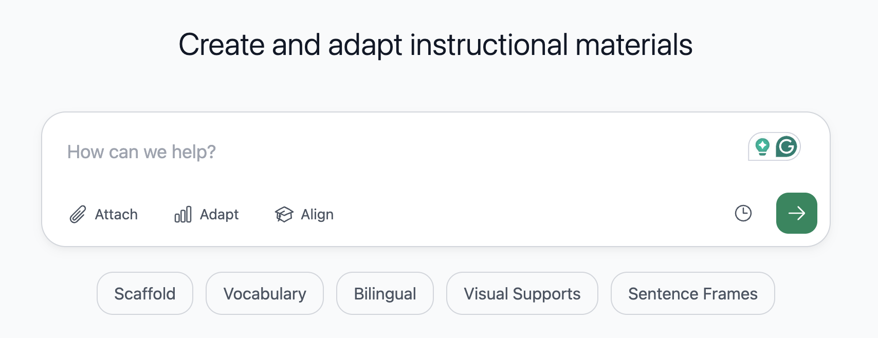 Instructional materials webpage with How can we help? prompt, Attach/Adapt/Align icons, and chips for Scaffold, Vocabulary, Bilingual.