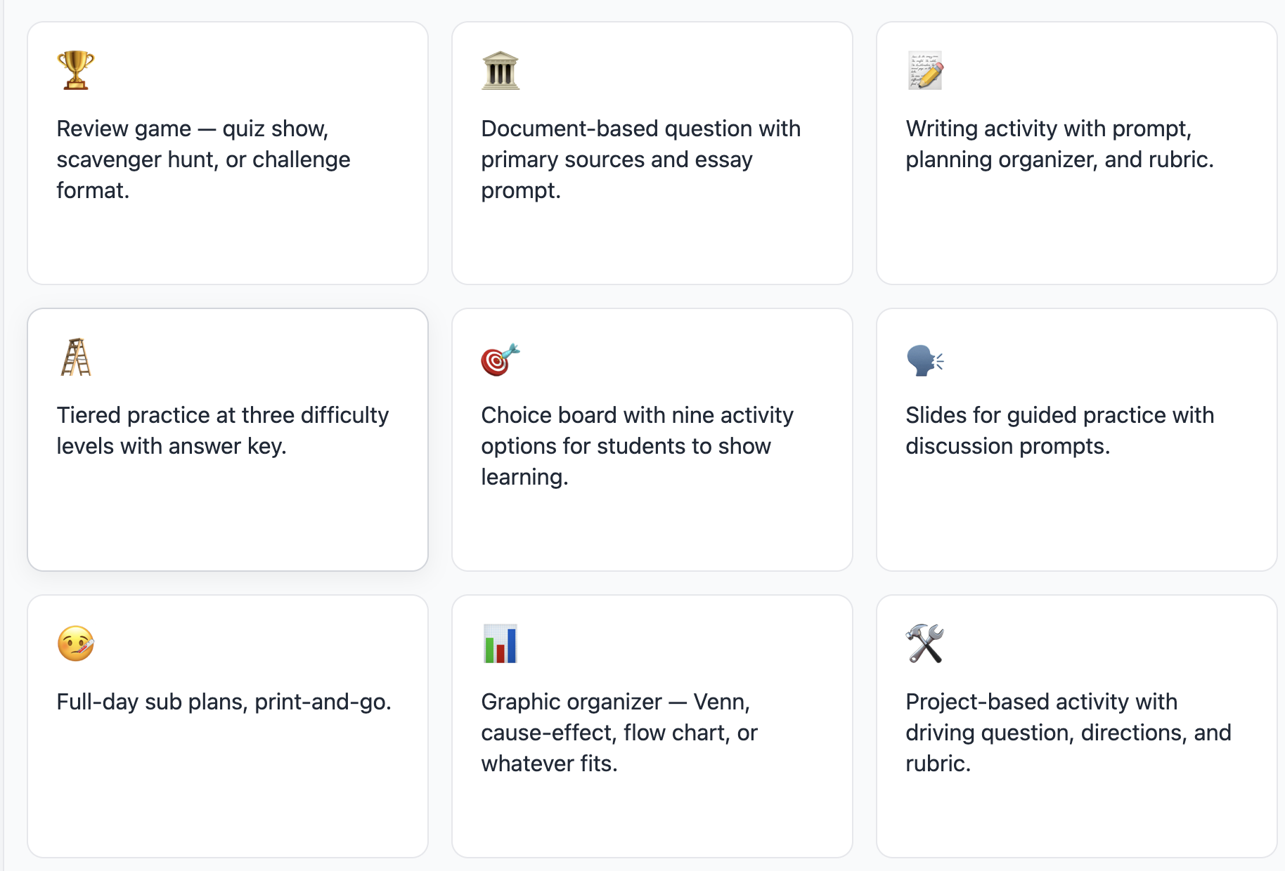 Grid of nine white cards listing classroom activity types, like review game, writing, practice, and project-based tasks.