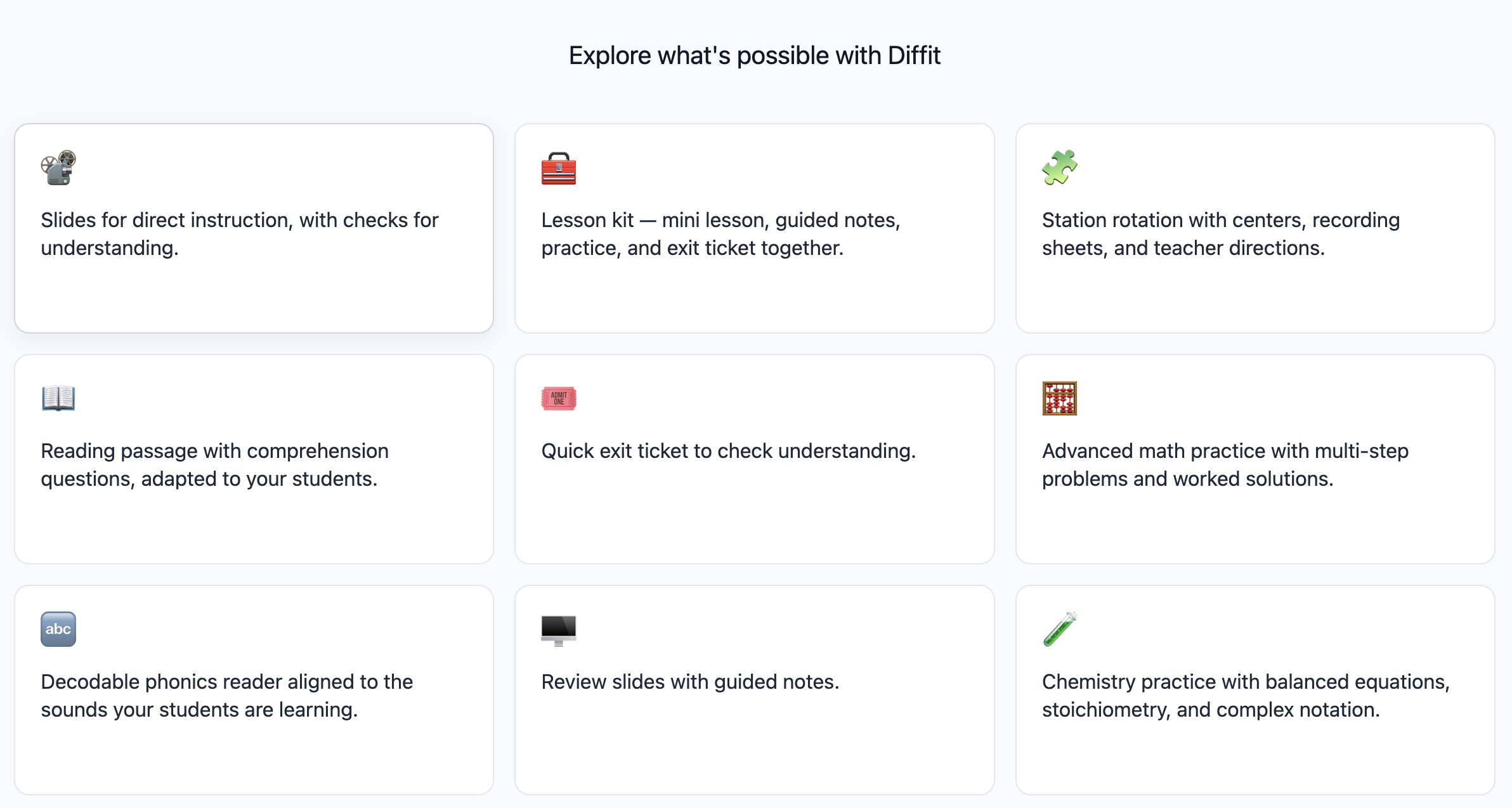 Webpage titled Explore what's possible with Diffit, showing nine education resource cards for slides, lessons, reading, math, and chemistry.