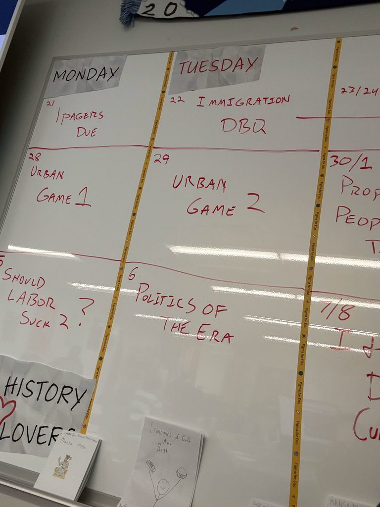 A picture of a whiteboard that shows what we are doing in classes each day.